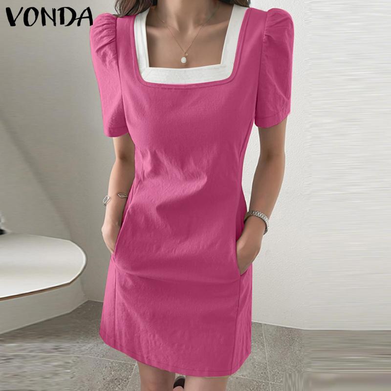 VONDA Women Square Collar Short Sleeve Stitching Pocket Casual Thigh Length Dress