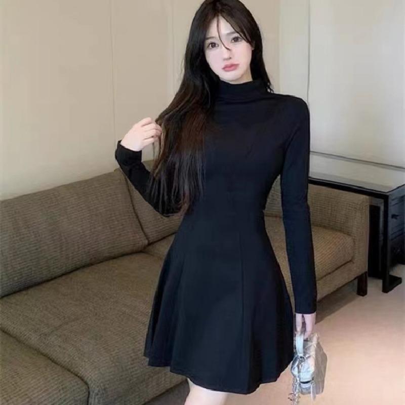 Jesień Zima Wysoki Kołnierz Jednolity Elegancki Modny Mini Sukienka w Talii Kobiety Długi Rękaw Uniwersalna Podstawa Szata Vestidos