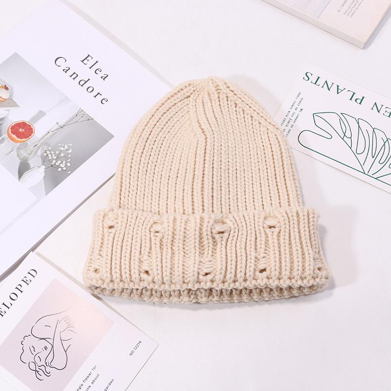 Hats for Men and Women  Solid Color Ripped Woolen Hats Japanese All Match Knitted Hats Autumn and Winter Warm Pointed Pullover Cold Hats