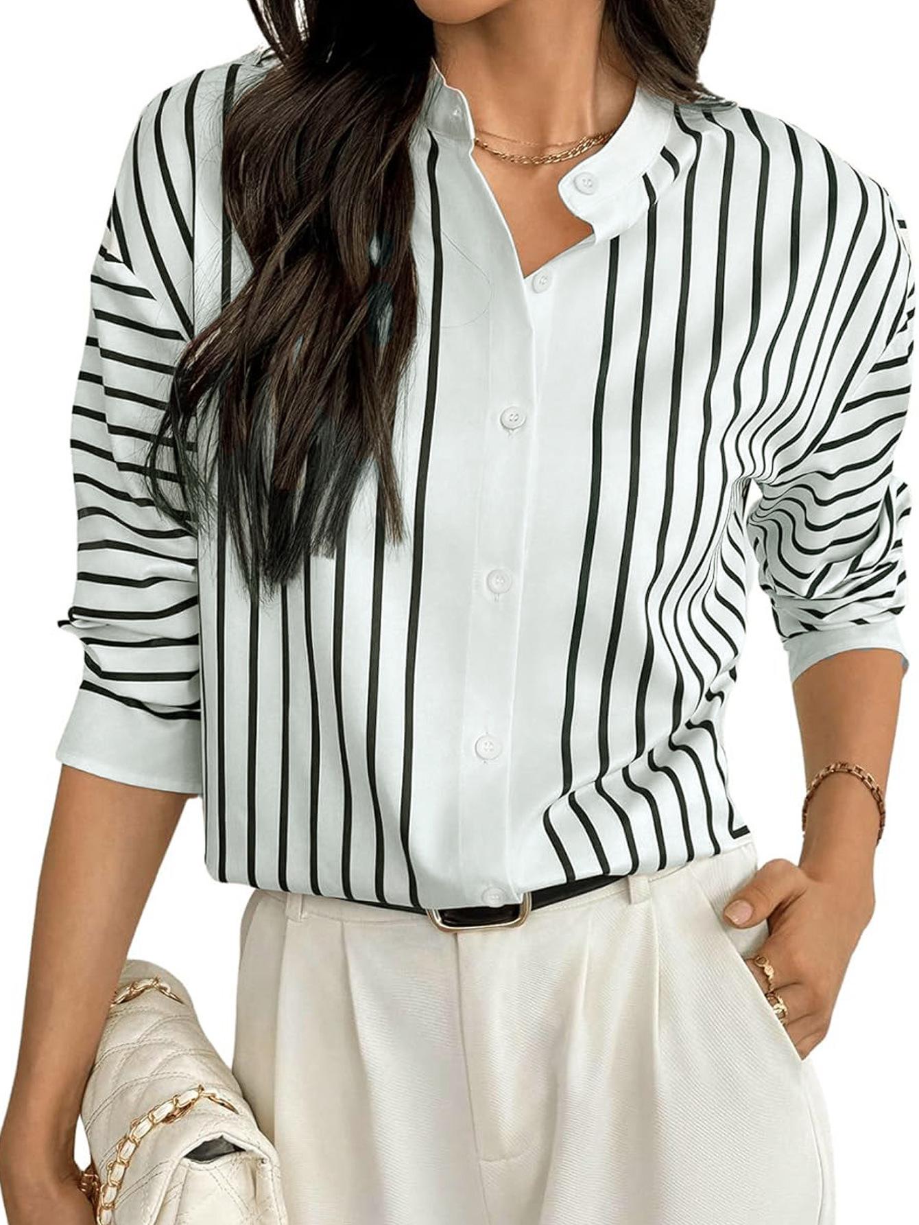 

2024 Trendy Women s Color Block Digital Print Striped Shirt S