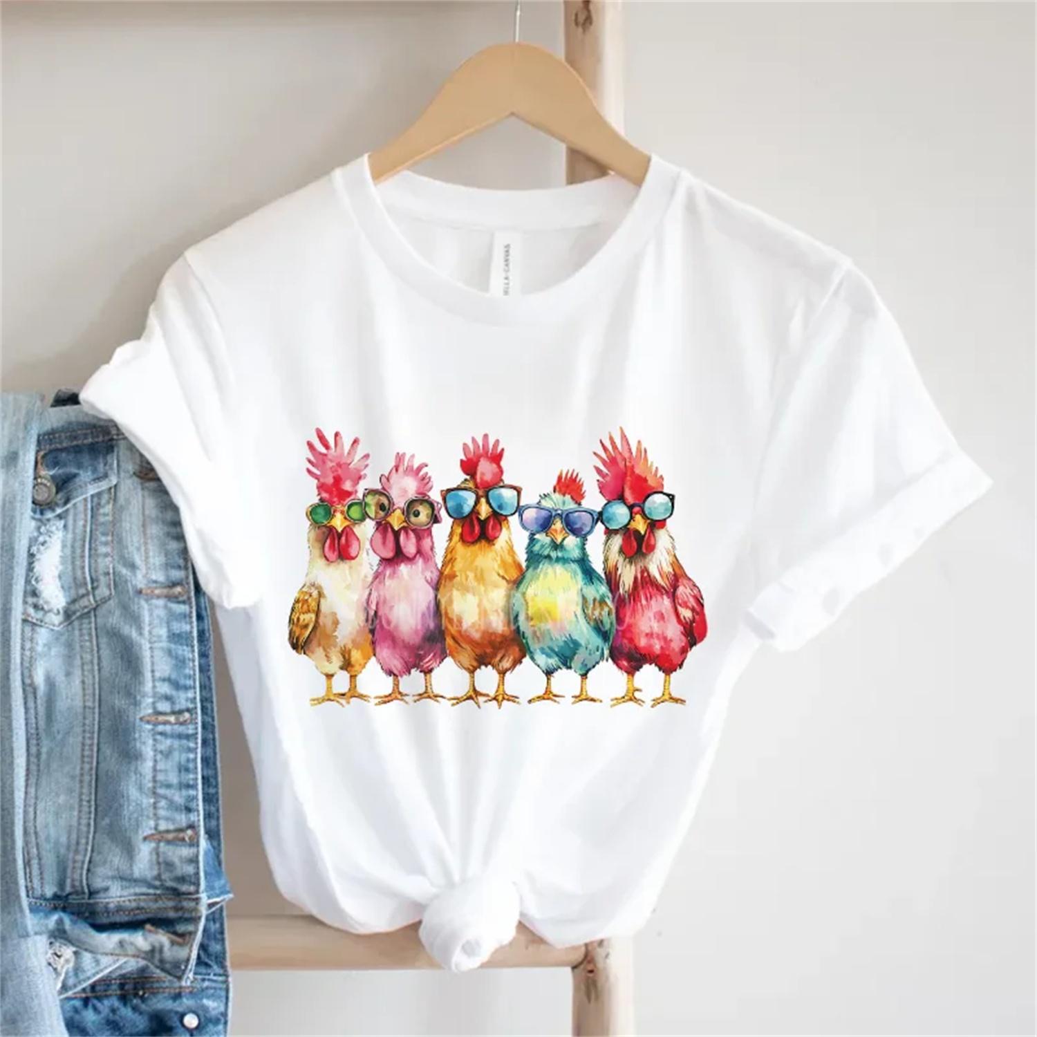 Fashion Cartoon Animal Pattern Printed Women s Harajuku Versatile T-Shirt Casual Style Round Neck Fun Short Sleeved T-Shirt S