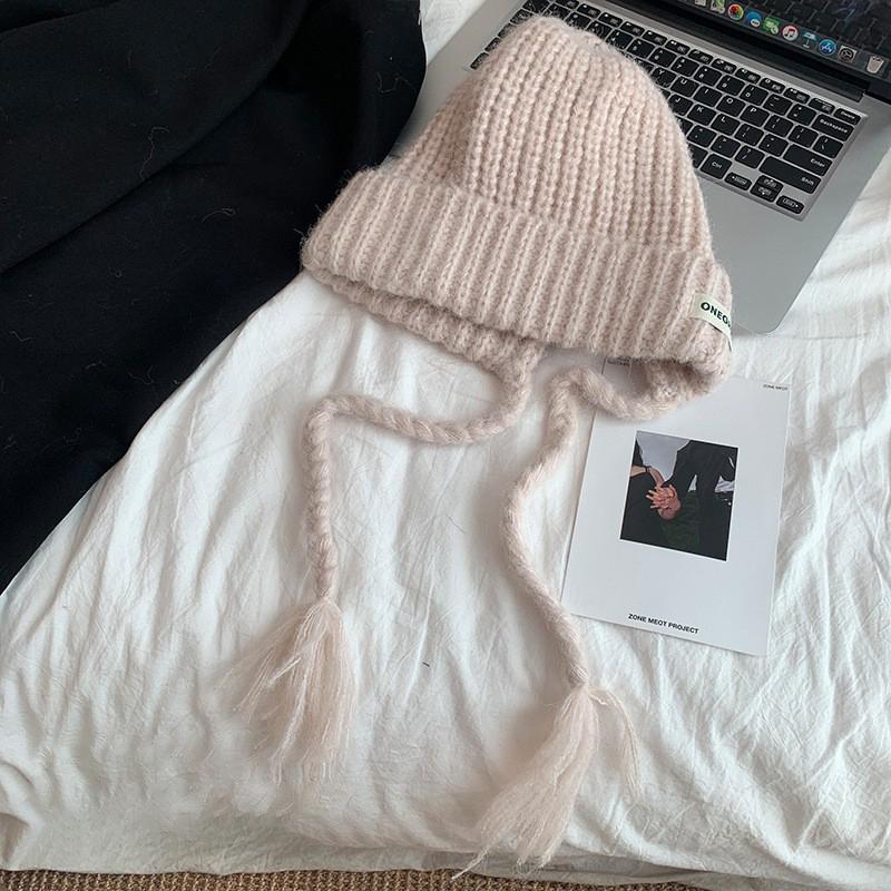 

Winter Knitted Beanies Christams Women Warm Woolen Japanese Knit Hat Pile Caps Ear Protection Tie Pullover Hat Gorro Bonnet бежевий