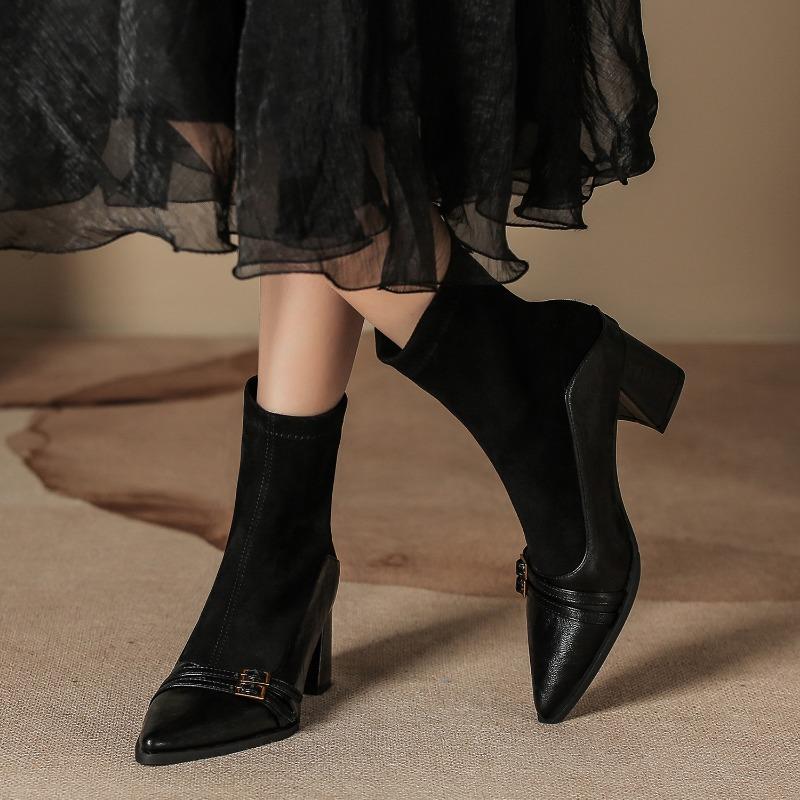 

Autumn and winter new retro short boots women s thick heel pointed splicing medium boots Chelsea buckle boots elastic boots 35 чёрный