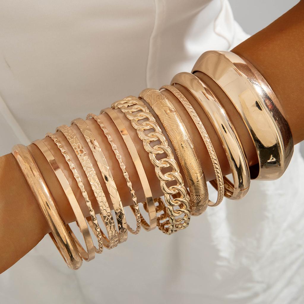 Jewelry Retro Stacked Bracelet Simple Geometric Opening Round Bead Gold Glossy Bracelet Set