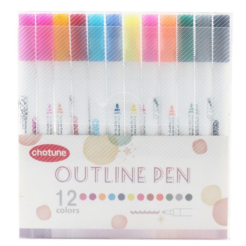 12 Color Outline Metallic Marker Pens Set Double Line Paint Marker Pen for Christmas Greeting Card Scrapbook Metal Ceramic Glass