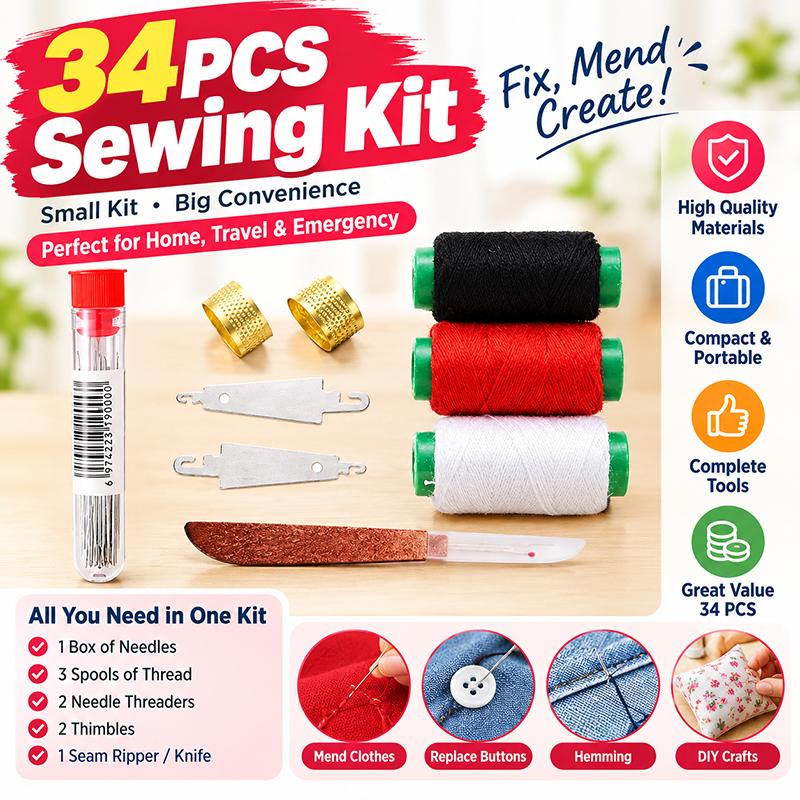 Sewing Kit 34 Pcs with Large Eye Steel Needles Colored Threads Ideal for Beginner Seamstress Home Daily Mending