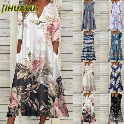 Fashion Summer Spring Solid Color Print 1/2 Sleeves V-Neck Casual Dresses