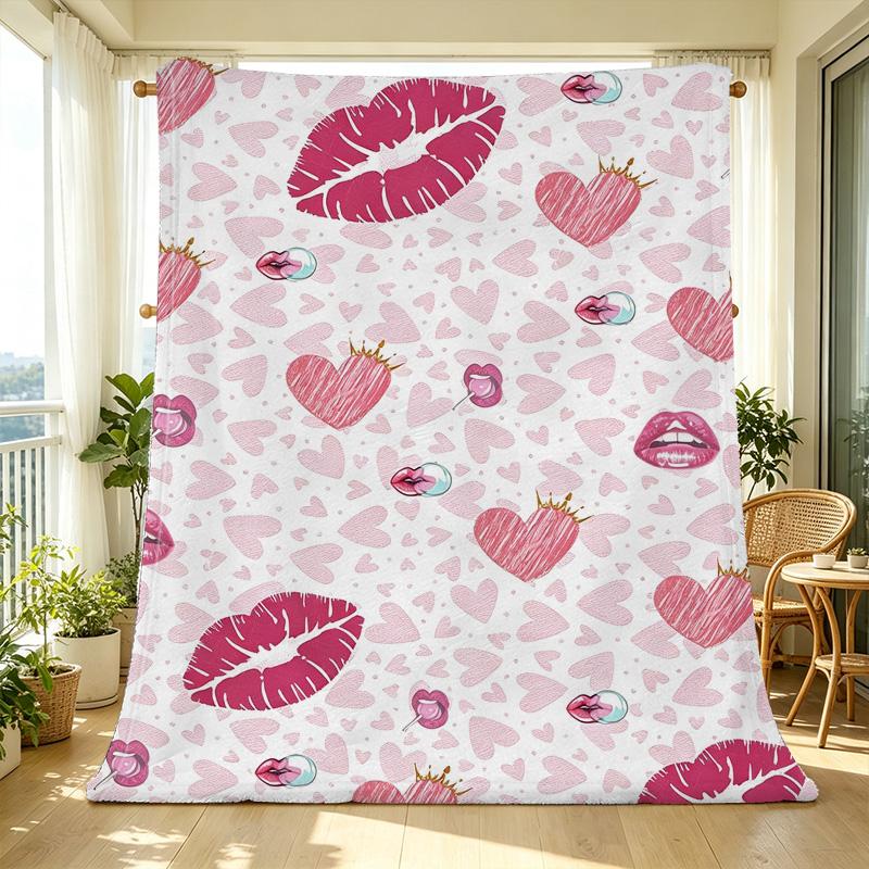 Love & Lip Print Lightweight Flannel Throw Blanket Soft, Skin-Friendly Cozy Blanket for Home Decor, Casual Use, Valentine’s Day Gift