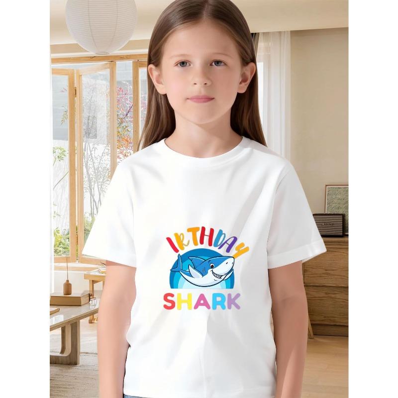 

European sizes Shark & Rainbow Print Birthday Outfit - Summer Short Sleeve Top Suitable for Shark-Themed Parties, Casual Round Neck Tee 98cm белый