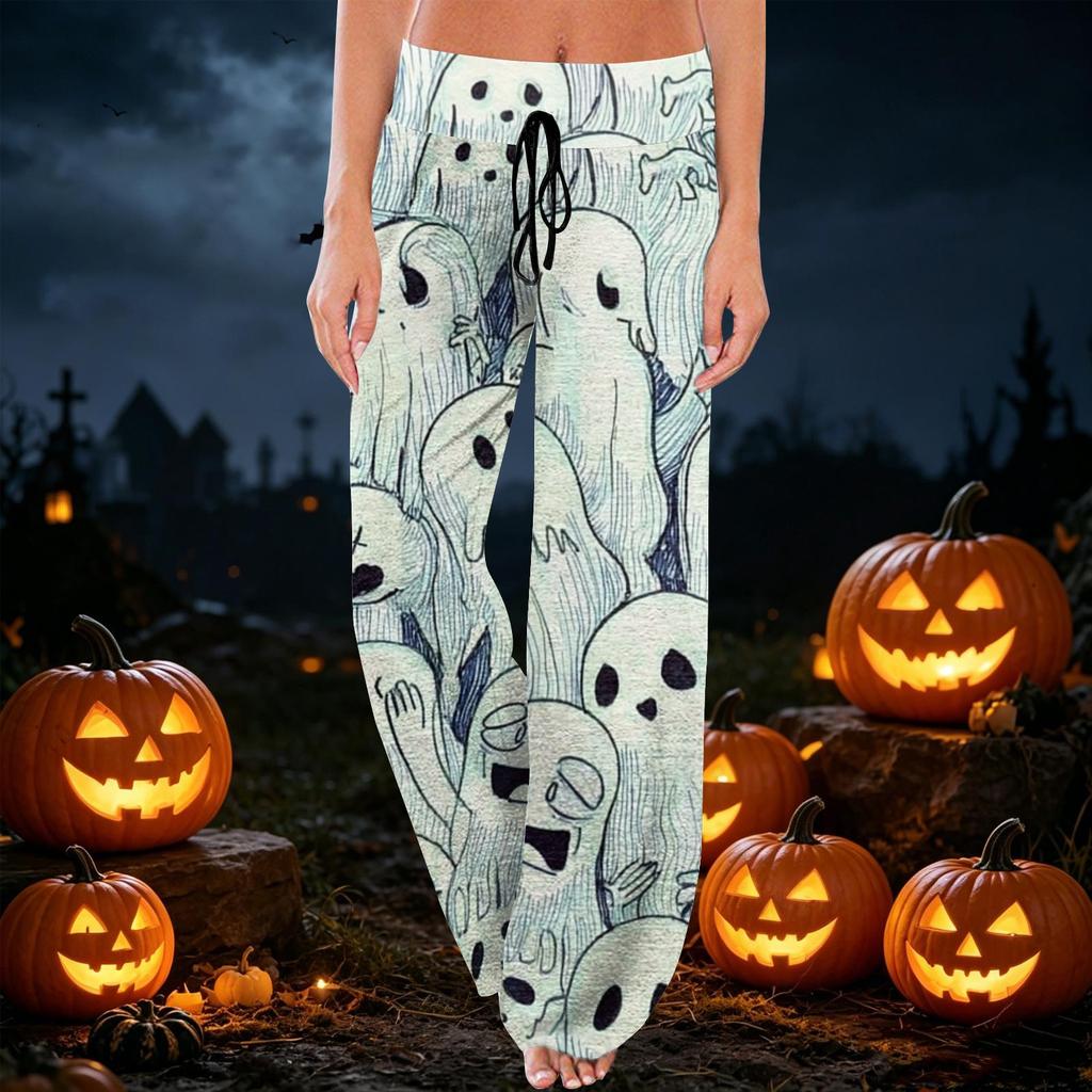 Bequeme Damen-Schlafanzughose mit Karomuster, Halloween-Print, Kordelzug, weiter Beinschnitt für Schlaf und
