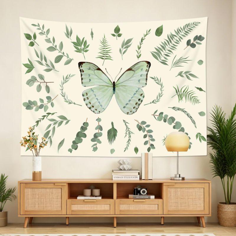 Watercolor Butterfly Eucalyptus Mandala Tapestry, Fresh Wall Hanging, Bohemian Wall Decor for Bedroom Dormitory
