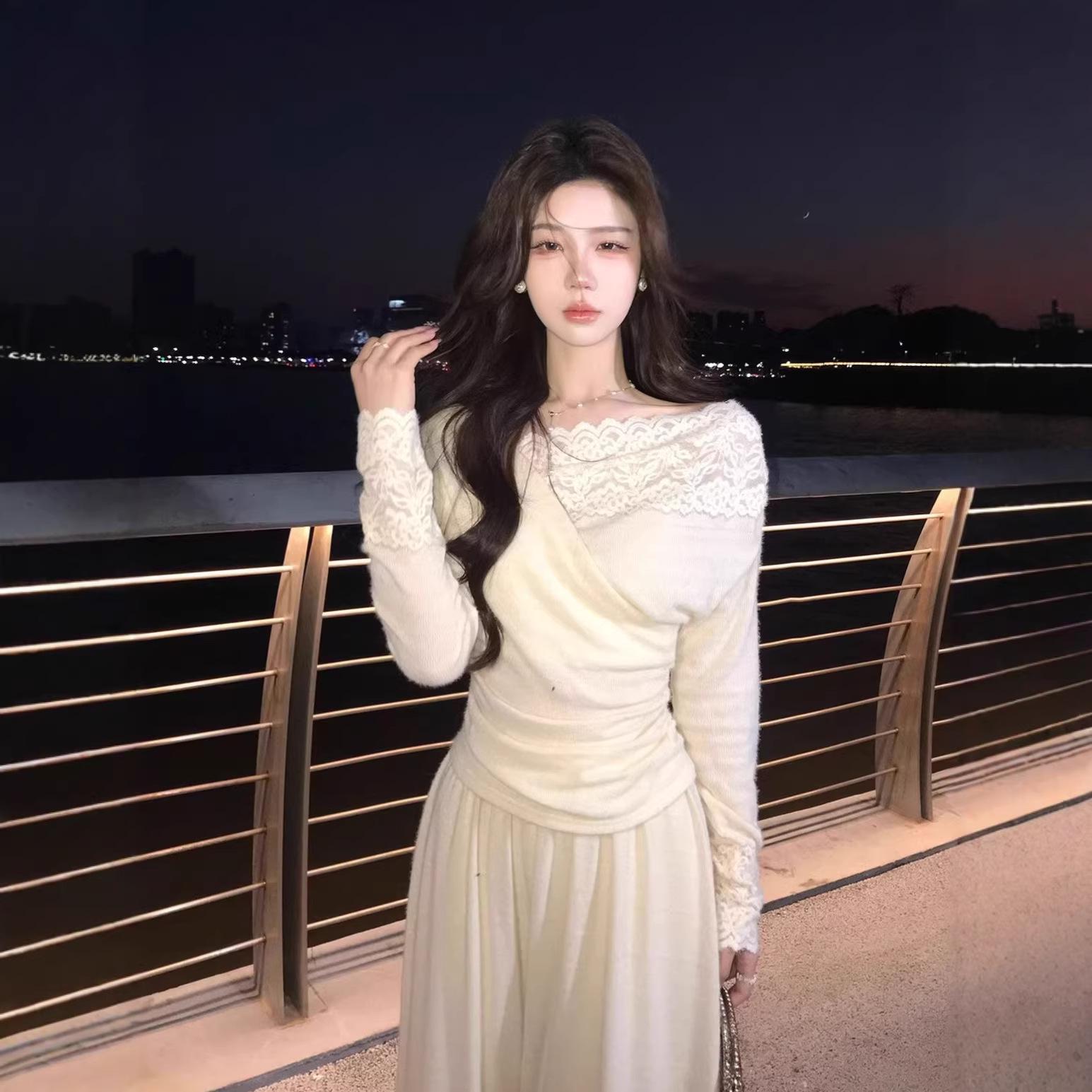 Apricot Lace Off-Shoulder Cinched Waist Long-Sleeve Women s Top for Autumn & Winter XL