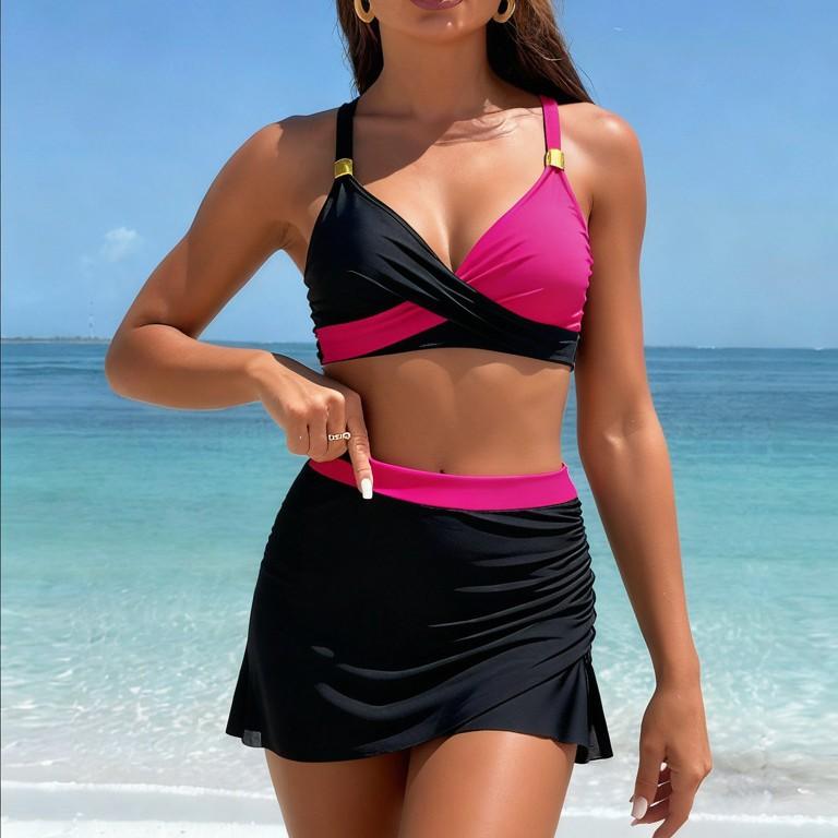European and American Women’s Bathing Suit Two-Piece Bikini Swimsuit, Sporty Mesh Skirted Swimwear