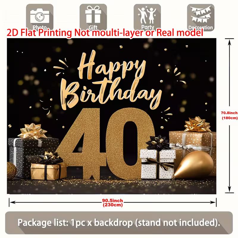 2D Black Gold Glitter 40th Birthday Backdrop Home Party Celebration Photo Background