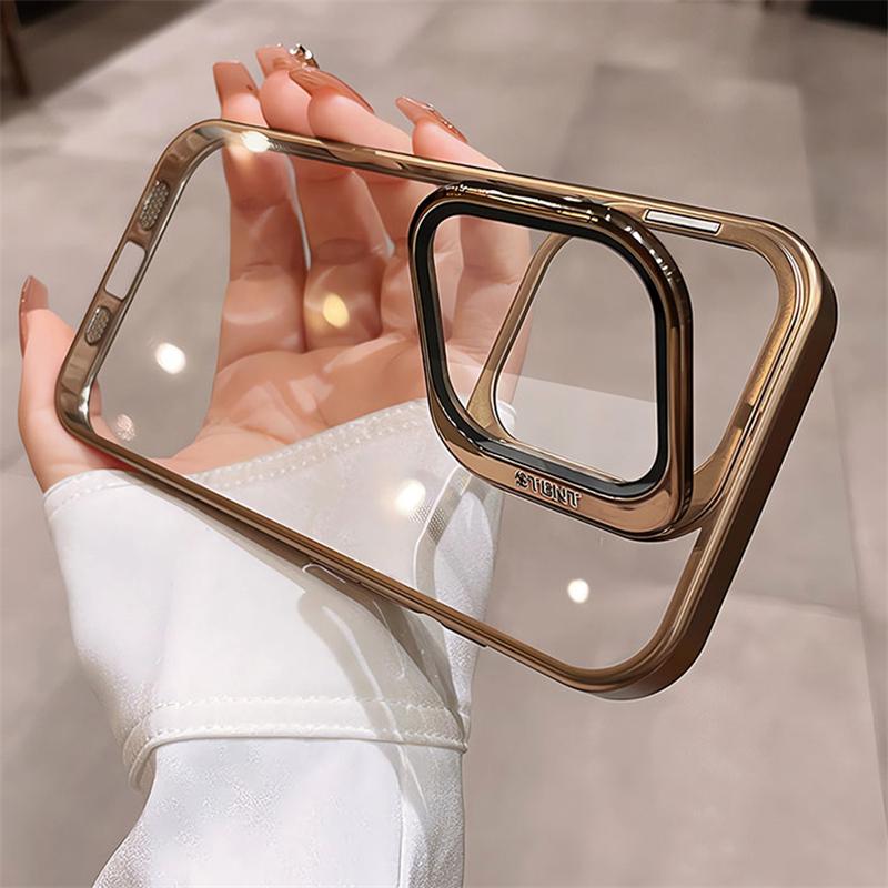 Fold Glass Lens Stand Holder Clear Case For 17 16 15 14 13 12 Pro Max Plus Plating Camera Protection Shockproof Cover