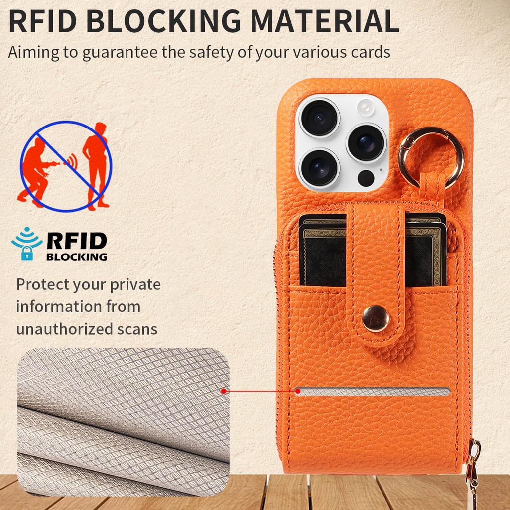 Anti-theft RFID Zipper Card Holder Phone Case Compatible with Apple 15 Pro Max, Crossbody Protective Cover, Fingerprint-resistant