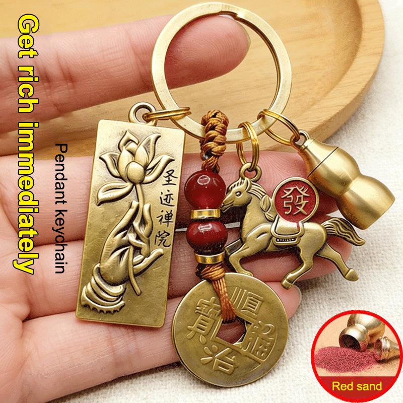 Chinese Style Lotus Buddha Hand Twelve Zodiac Brass Gourd Car Keychain Metal Pendant Couple Car Key Chain New Year Gift