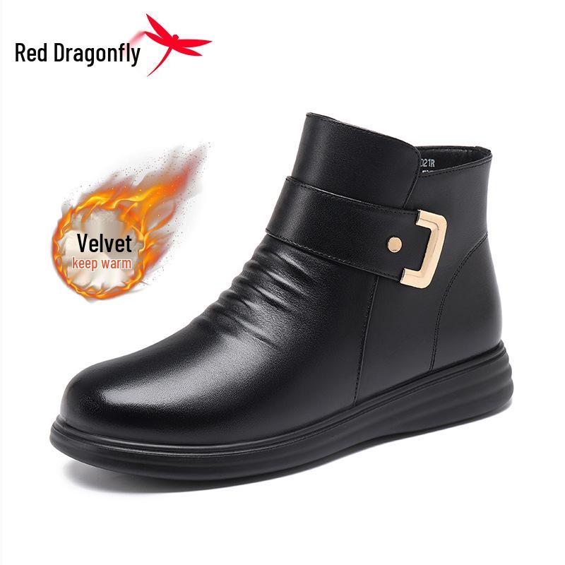 Red Dragonfly Women s Genuine Leather High-Top Winter Booties - Plus Velvet Thickened Cowhide Cotton Short Boots. Size 38