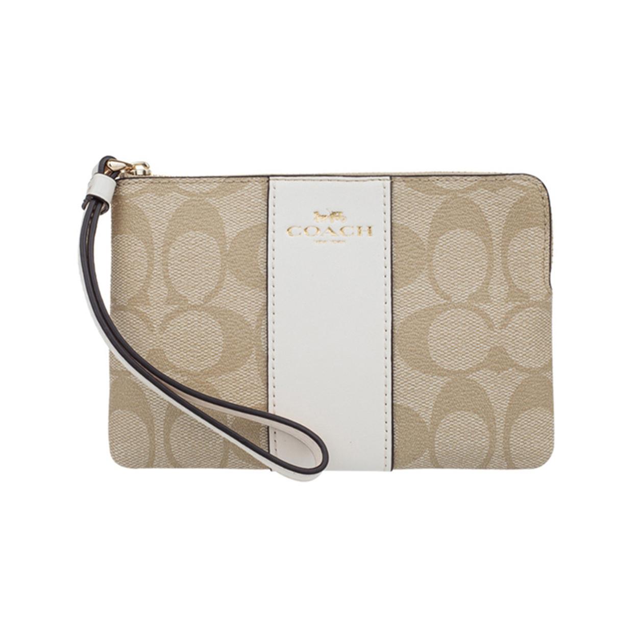 

New COACH Corner Zip Canvas With Leather Pochette Wrist Bag Clutch Trumpets Women s White & Khaki Monogram 58035-IMDQC 16.0*1.0*9.9CM