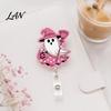 Lightweight Retractable Badge Holder Halloween Ghost Reel, Glitter Acrylic Clip, Cute Pink Smooth Cord Reel ID Name for Women Nurse Teacher