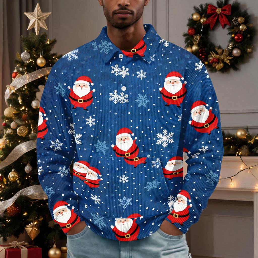 Men's Vintage Corduroy Christmas Print Long Sleeve Pullover with Collar and Pocket, Casual Top