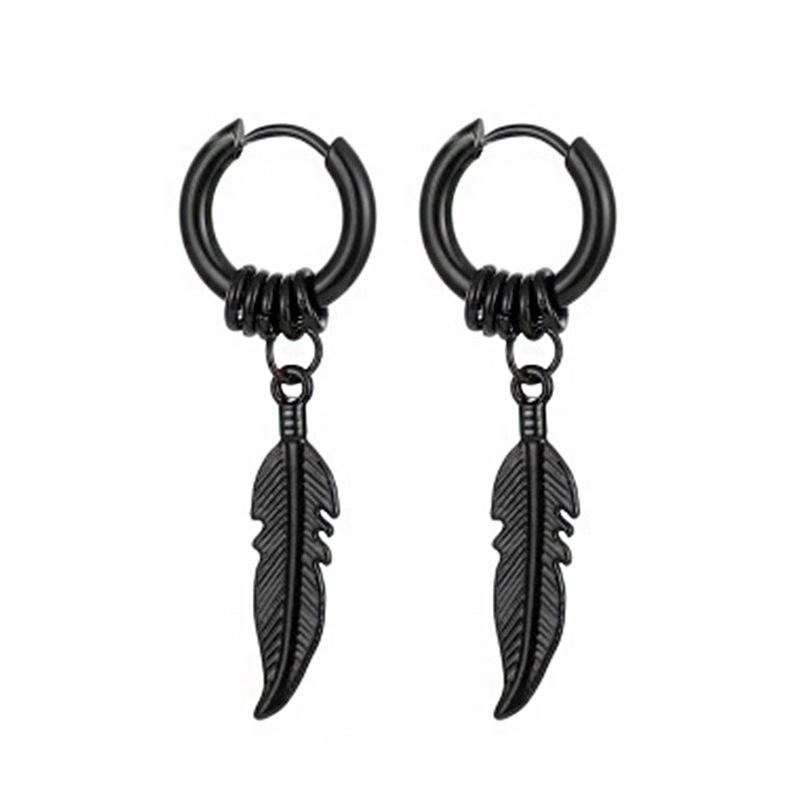 1Pair Leaf Feather Black Stainless Steel Piercing Hoop Earring for Male Women Punk Vintage Jewelry Y2K Accessories Trend Unusual
