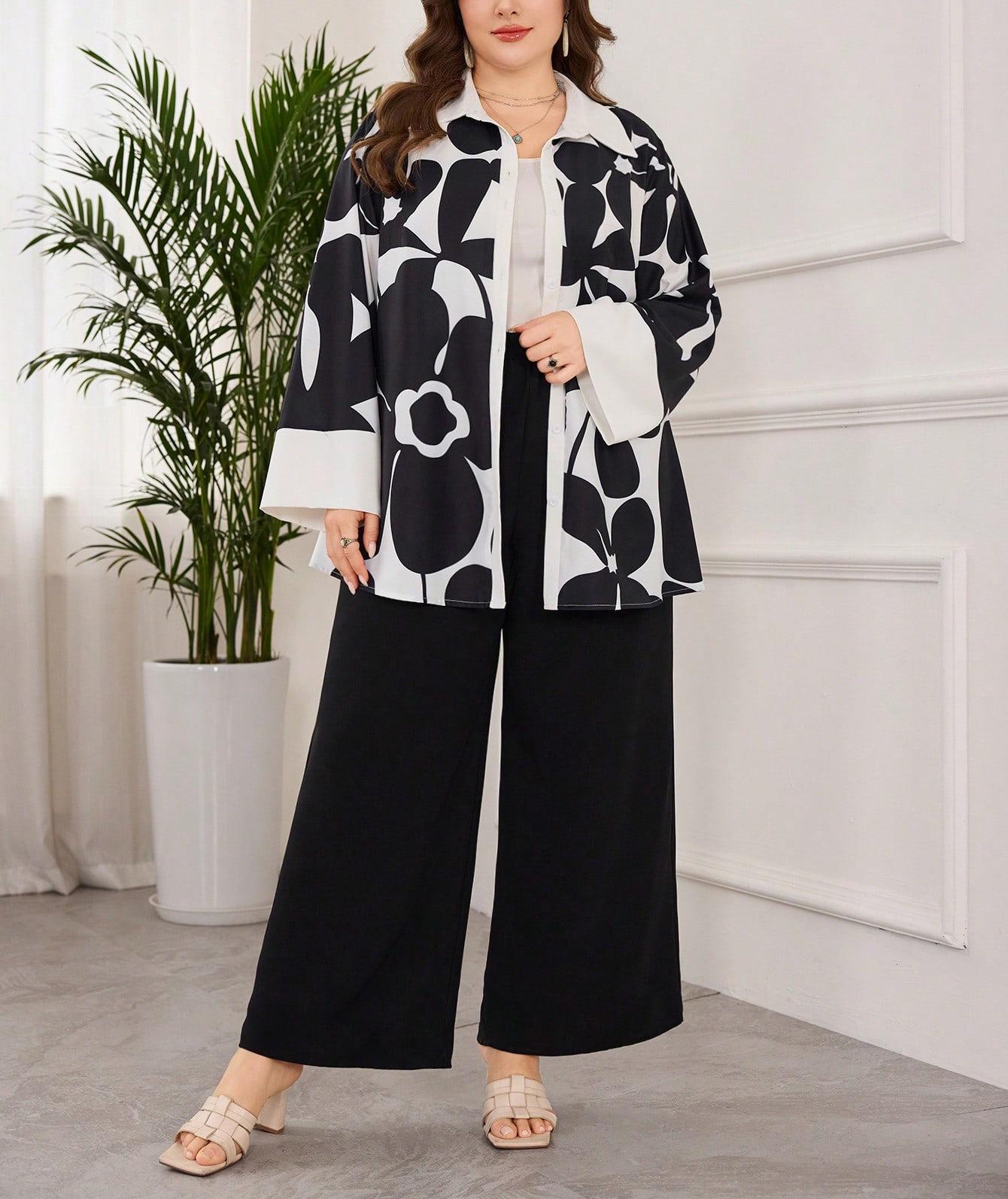 

Available: Plus Size Black and White Patchwork Long Sleeve Shirt with Casual Wide-Leg Pants Set for Spring and Autumn. 3XL чёрный