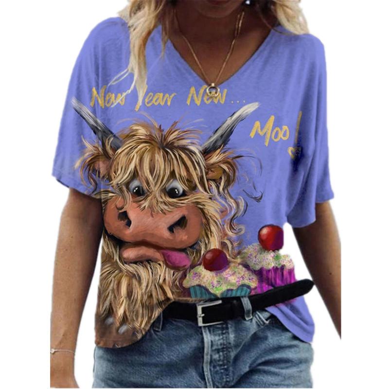 

Модные весенние разноцветные принтованные блузки с коротким рукавом и V-образным вырезом футболки повседневные 8XL фиолетовый