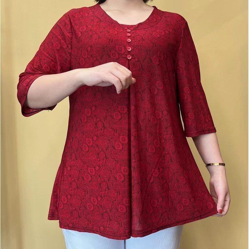 

Летние Новые Повседневные Пуловеры с Геометрическим Принтом Женские Контрастных Цветов Для Поездок На Работу Свободные С Полурукавом Миди Футболка 8XL вино красного