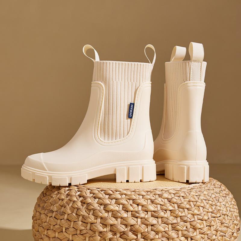 Mittelhohe Regenstiefel mit elastischem Schaft für Damen, Chelsea-Stil, wasserdicht, rutschfest und abriebfest, für den Außenbereich, modische Camping-Regenstiefel