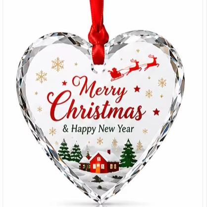 Custom Christmas Crystal Ornament Heart Shaped Hanging Glass Pendant Personalized Holiday Keepsake Gift