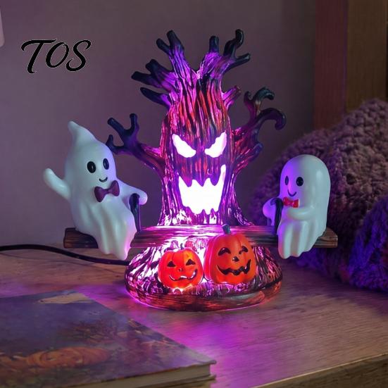 Gothic Atmosphere Halloween Decor Animated Seesaw Ghost Light, USB Powered 3D Night Cute LED Lightweight Ornament Lamp with Spooky Tree And