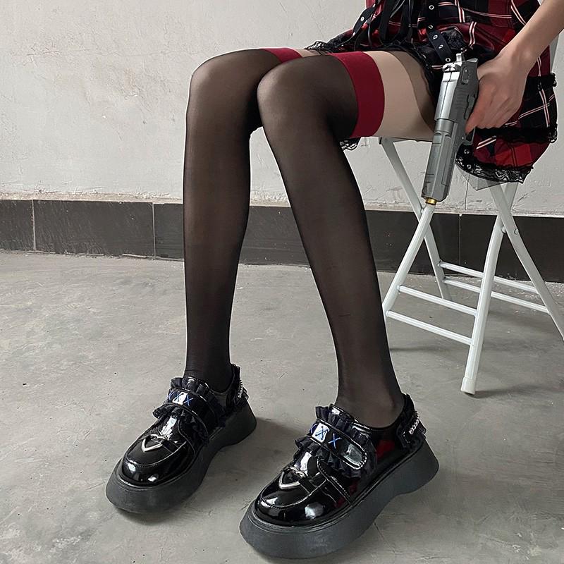 

Women s Sheer Red Trim Black Over-the-Knee Color Block Christmas Stockings One Size