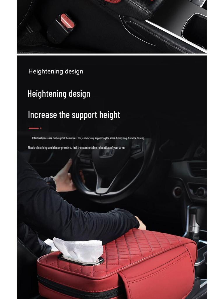 Nappa Leather Diamond-Embroidered Car Armrest Pad with Tissue Storage