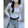 Spring Korean Style Square Neck Slim Fit Pure Cotton Long Sleeve T-Shirt