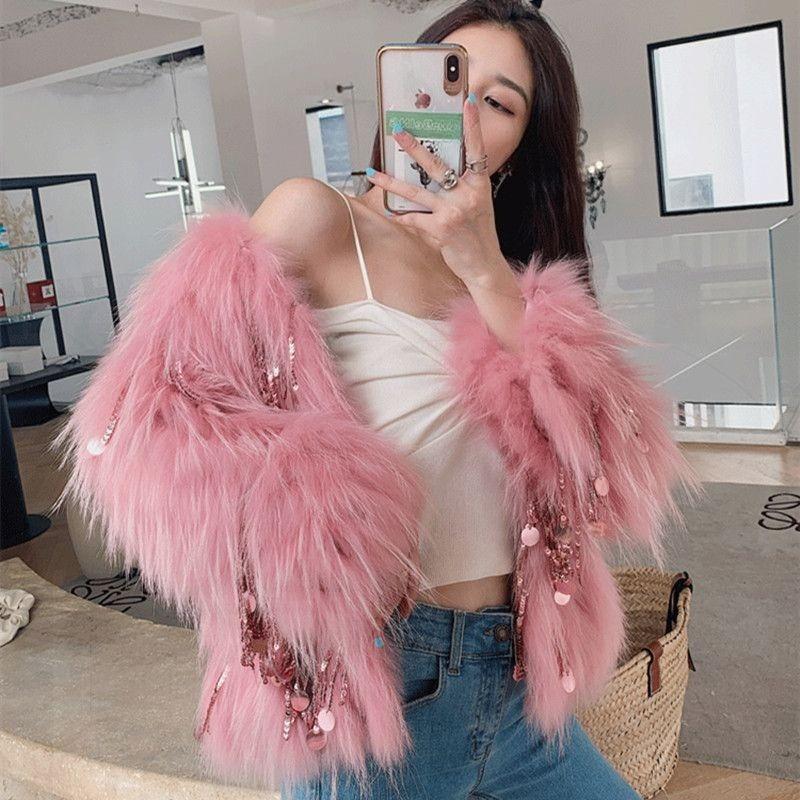 Cappotto rosa in finta pelliccia da donna con scollo a V, paillettes e frange, giacca corta, capospalla invernale soffice
