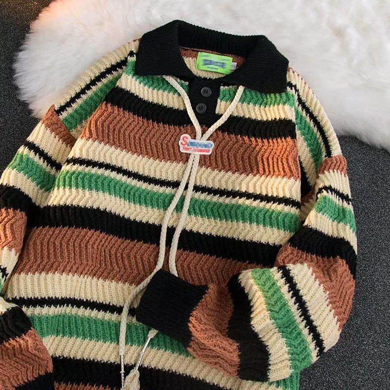 

Модный вязаный свитер с радужным полосатым воротником 2023 года — повседневный, универсальный, свободный крой для пар, идеально подходит для весны и осени. Medium (M) чёрный