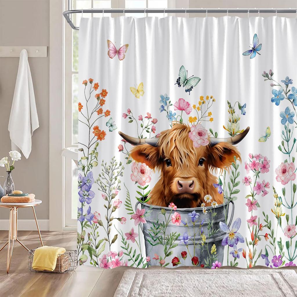 Cute Cow Bull Shower Curtain with Hooks Modern Fashion Funny Western Farm Animal Bathroom Curtain Polyester Bath Screen