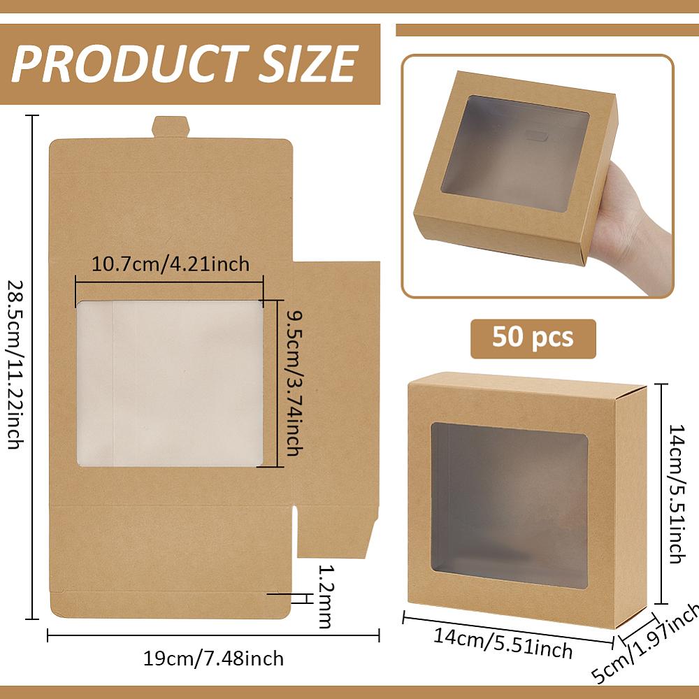 50Pcs Square Foldable Creative Cardboard Box Gift Box with Window Tan 14x14x5cm