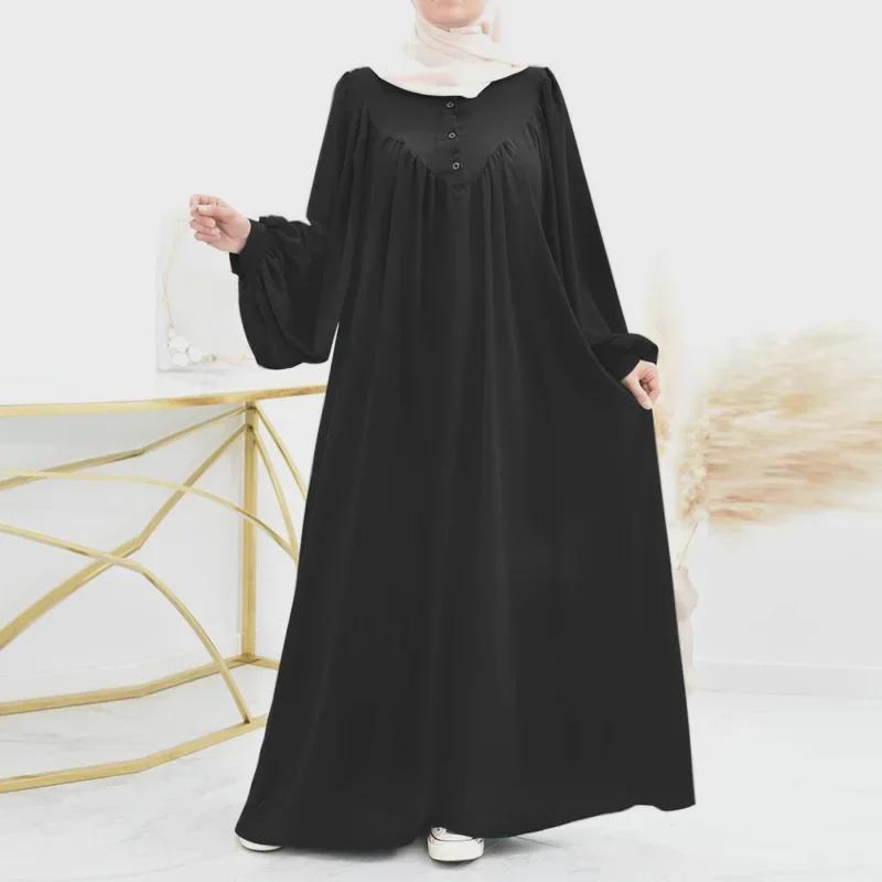 Modern Puff Sleeve Muslim Women's Robe: Spring/Autumn Solid Color Long Dress
