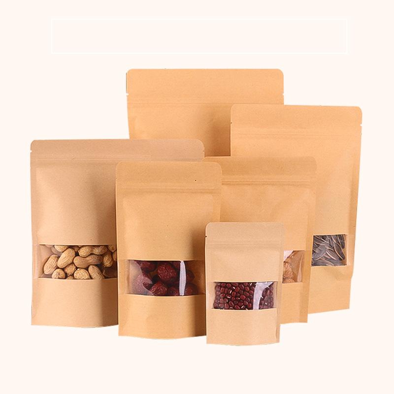 50 Stück Standbodenbeutel aus Kraftpapier mit Sichtfenster und wiederverschließbarem Reißverschluss für Kaffee, Tee, Nüsse, Süßigkeiten, Snacks, Lebensmittelverpackung, Aufbewahrung, Großpackung