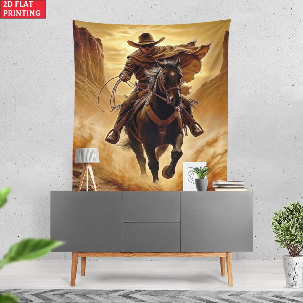 Cowboy Tapestry Western Art Wall Hanging Horse Rider Desert Scene Movie Poster Decor Ranch Style Home Decoration Adventure Theme