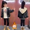 Girls' Fleece-Lined Leather Jacket with Detachable Hood Thickened Leather Jacket for Kids for Fall and Winter