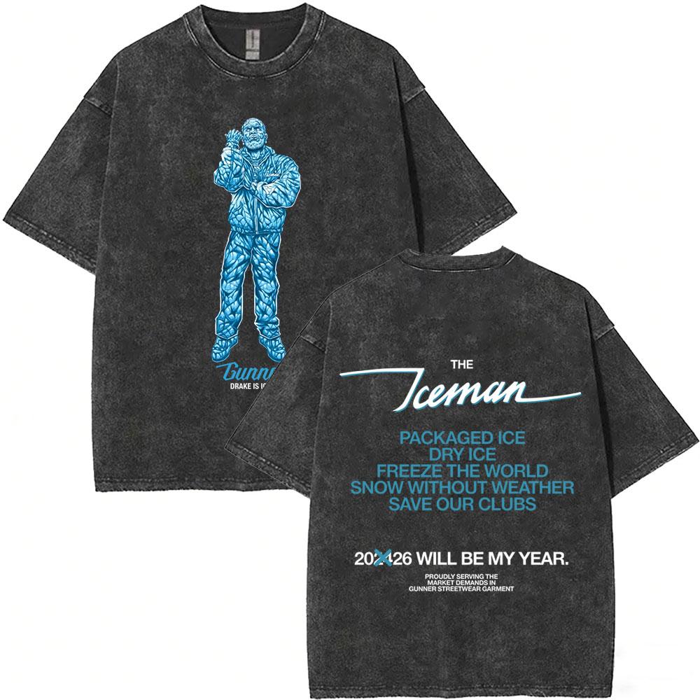Gewaschenes Vintage Rapper Drake ICEMAN Freeze The World 2026 T-Shirt Herren Damen Mode Hip Hop Übergroße T-Shirts Herren Streetwear
