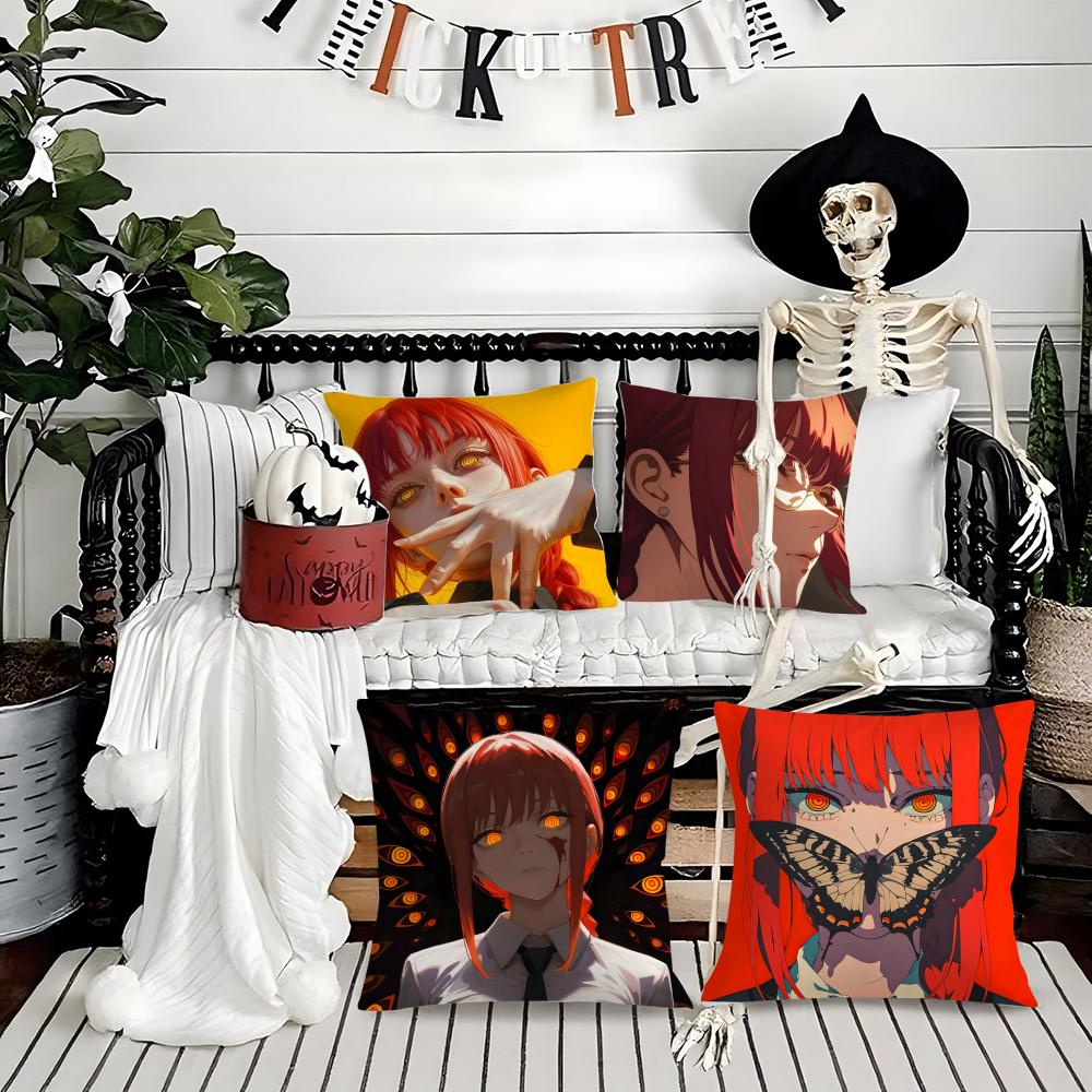 Chainsaw Man Makima-Cartoon Pillow Case Silky Short Plush With Invisible Zipper Dustproof Sofa Cushion Cover For Home Decor