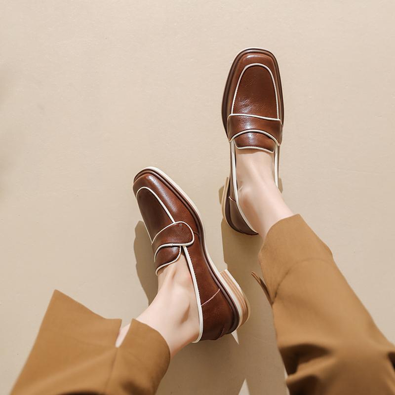 2024 Neue Mode Frühling/Herbst Damen Slipper Rindsleder Karree Zehe Klobiger Absatz Damenschuhe Lässige Pumps mit niedrigem Absatz für Damen