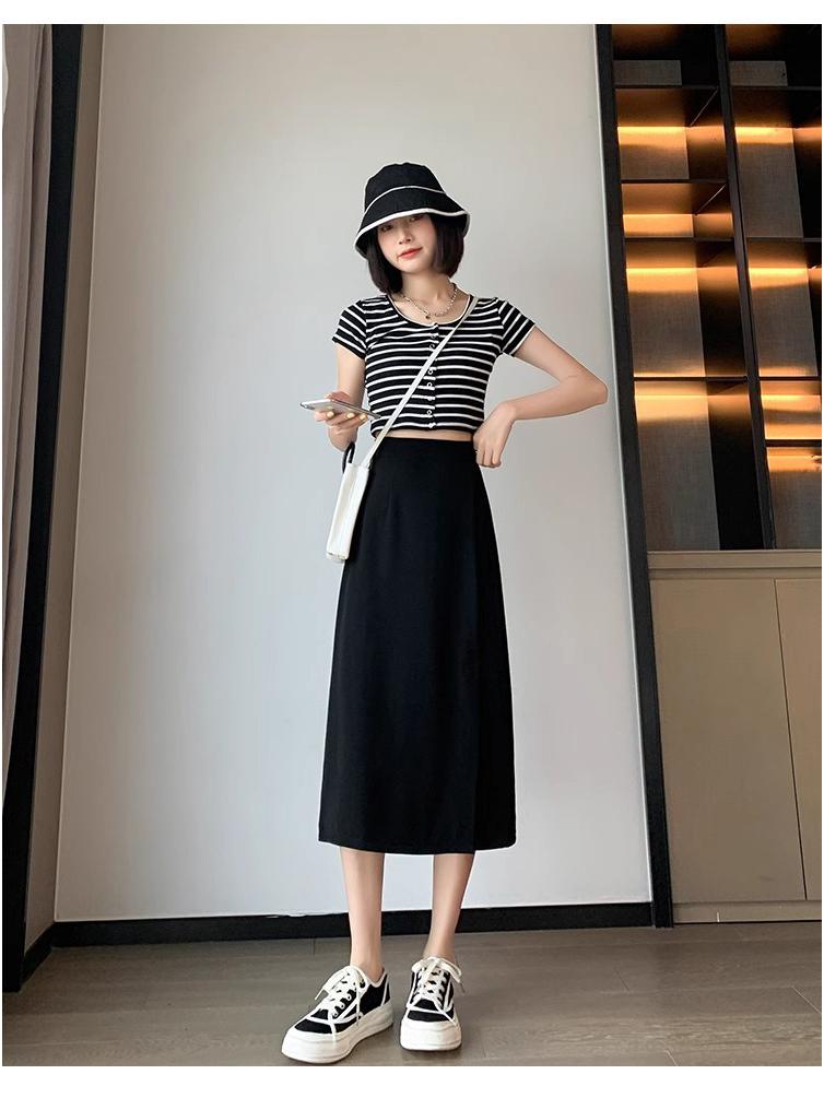2024 Black A-Line Midi Skirt: High Waist, Slimming, Petite, Versatile for Women - Perfect for Spring/Summer