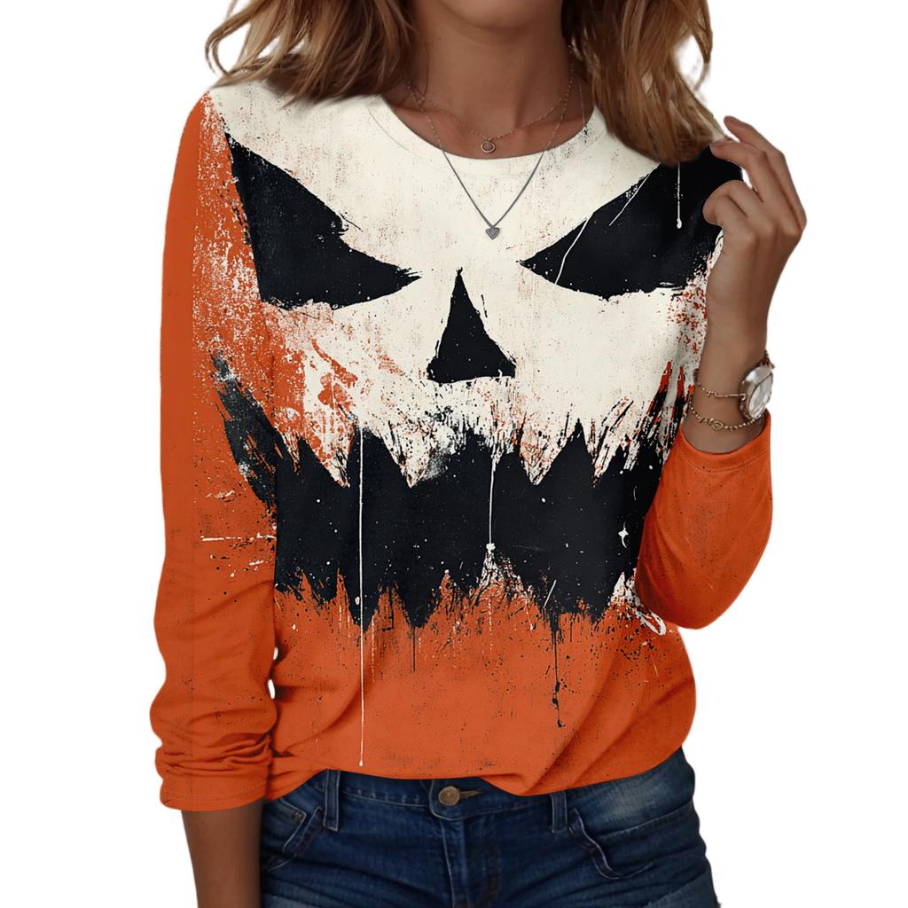 Women's Halloween Long Sleeve Printed Crewneck T-Shirt, Casual Fall Top