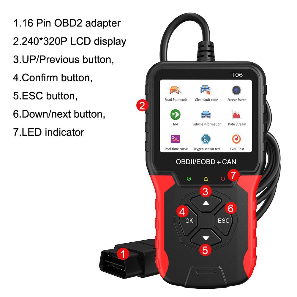 OBD2 Scanner Check Engine System Multi-language Support Battery Tester Code Reader Car Diagnostic Tool T06 Auto Accessories
