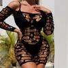 Ladies High Elastic Bodycon Dress Night Club Wear Women Sexy Mesh Transparent Short Dress Erotic See Through Hollow Sleepwear